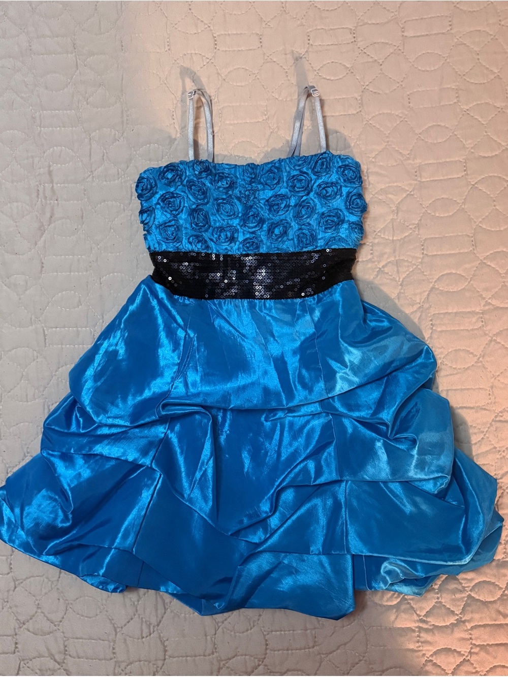 Girls Bright Blue Rosette Party Dress with Black Sequin Waistband